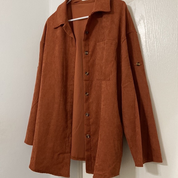 SHEIN Rust Brown Oversized Corduroy Roll-Up Sleeve Blouse - Picture 2 of 6